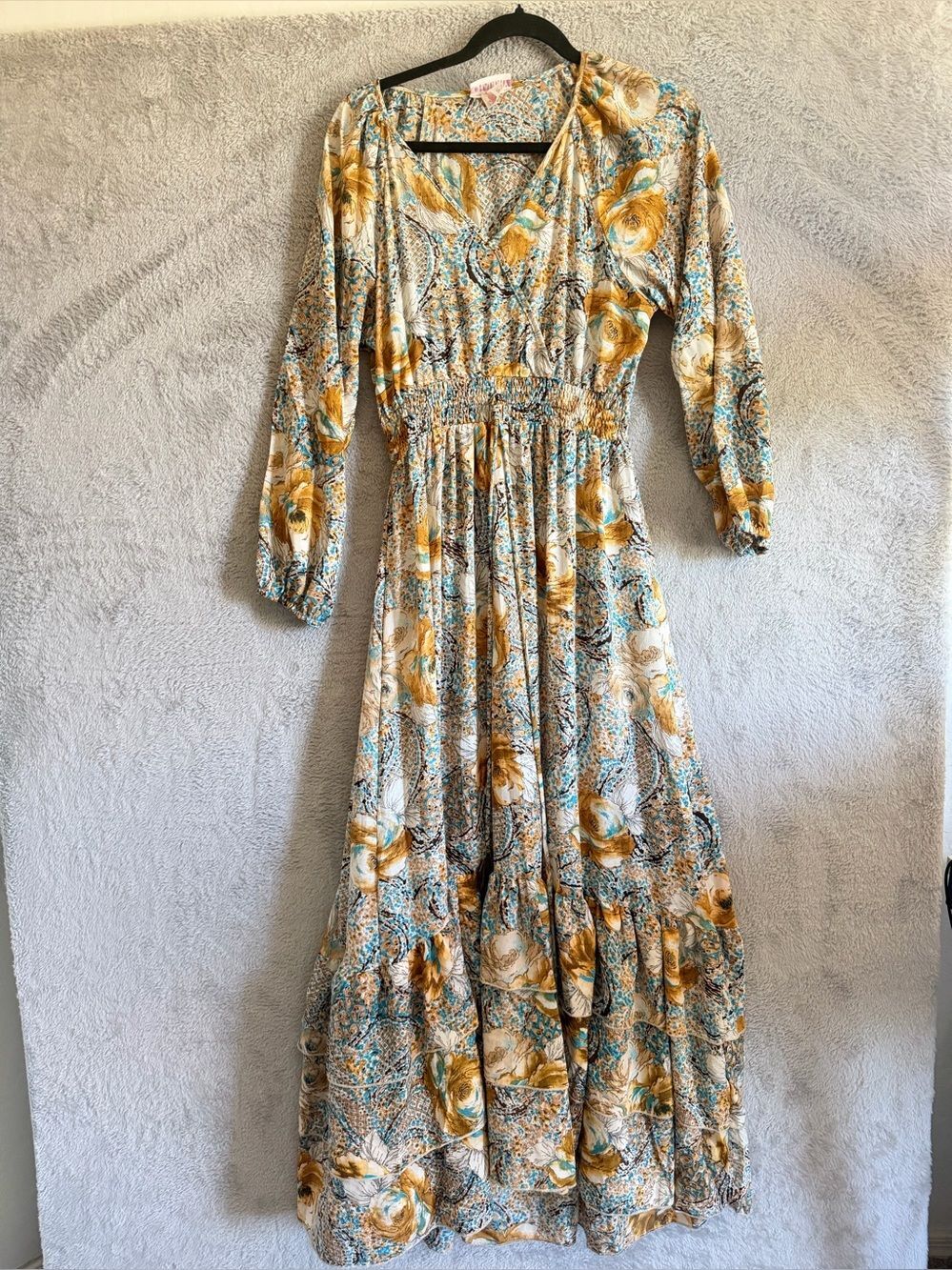 Chaudry Floral Smocked Waist Maxi Dress - Yellow & Teal S